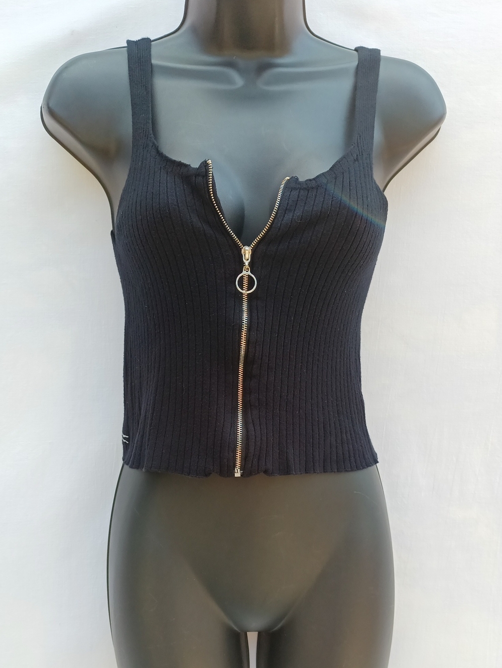 Black Ribbed Zip-Front Women's Tank Top With Silver Graphic
